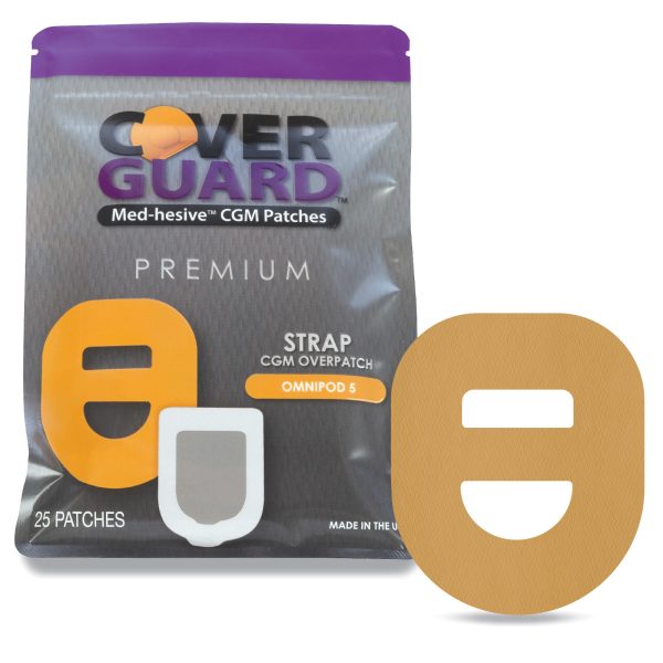 CoverGuard CGM Overpatch | Omnipod 5 Insulin Pod | Tan Cross-strap Design| 25-Count | Waterproof Adhesive | Anti-Fray | Easy Application & Removal | Made in USA